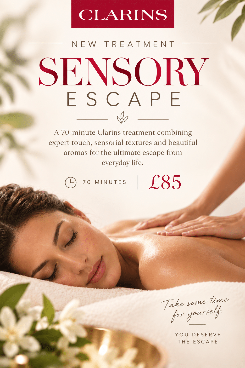 Enjoy 20% OFF with our NEW Clarins Sensory Escape treatment